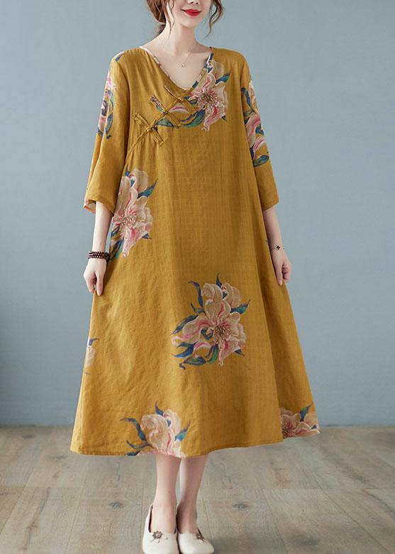 Loose Yellow Casual V Neck Print Summer Party Dresses Half Sleeve - Image 3