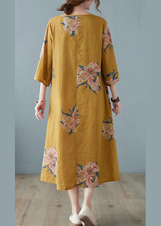 Loose Yellow Casual V Neck Print Summer Party Dresses Half Sleeve - Image 4
