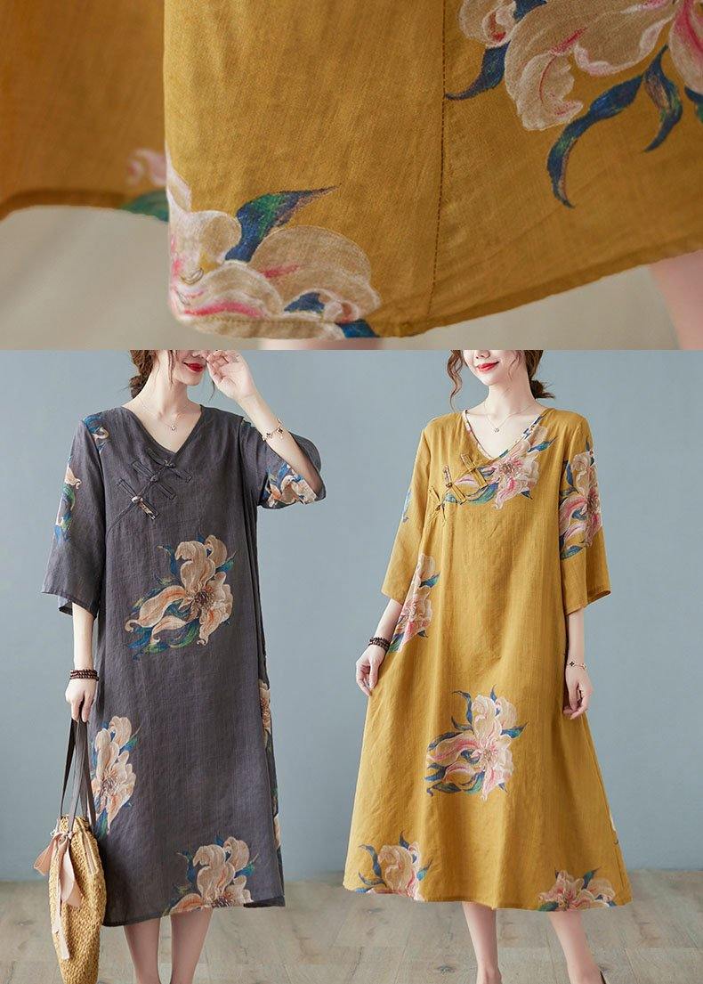 Loose Yellow Casual V Neck Print Summer Party Dresses Half Sleeve - Image 5
