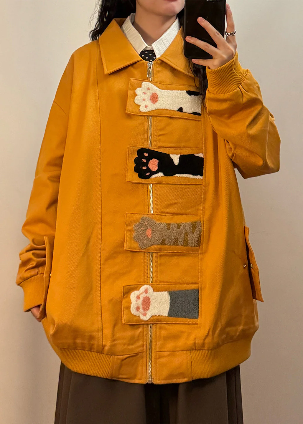 Loose Yellow Cat Paw Zippered Pockets Cotton Coats Spring - Image 2