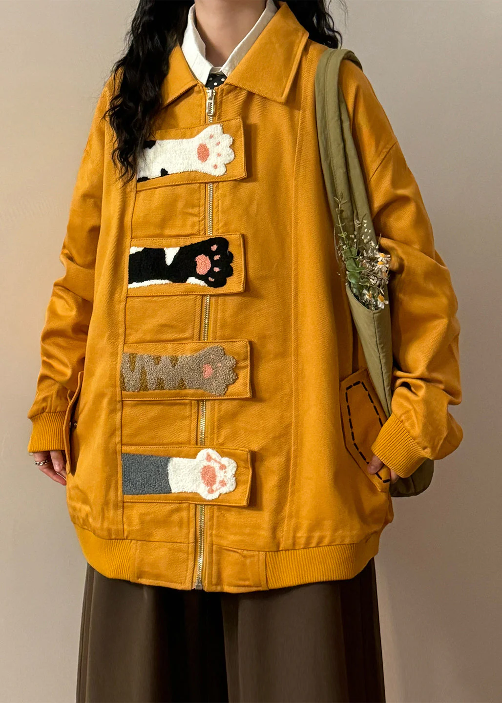 Loose Yellow Cat Paw Zippered Pockets Cotton Coats Spring - Image 3