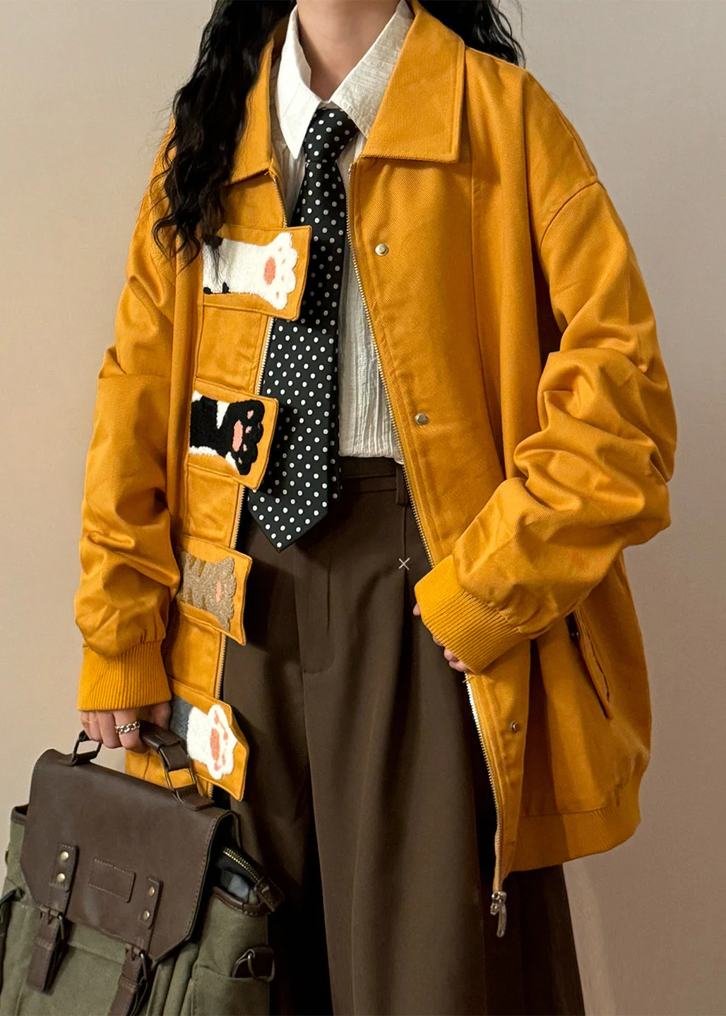 Loose Yellow Cat Paw Zippered Pockets Cotton Coats Spring - Image 4