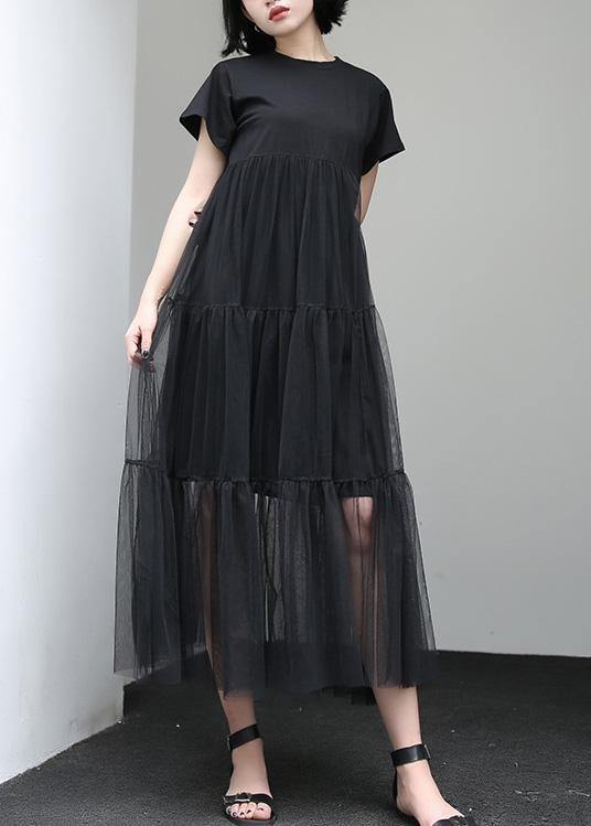 Loose Blue cotton Tunic asymmetric patchwork A Line summer Dress - Image 4