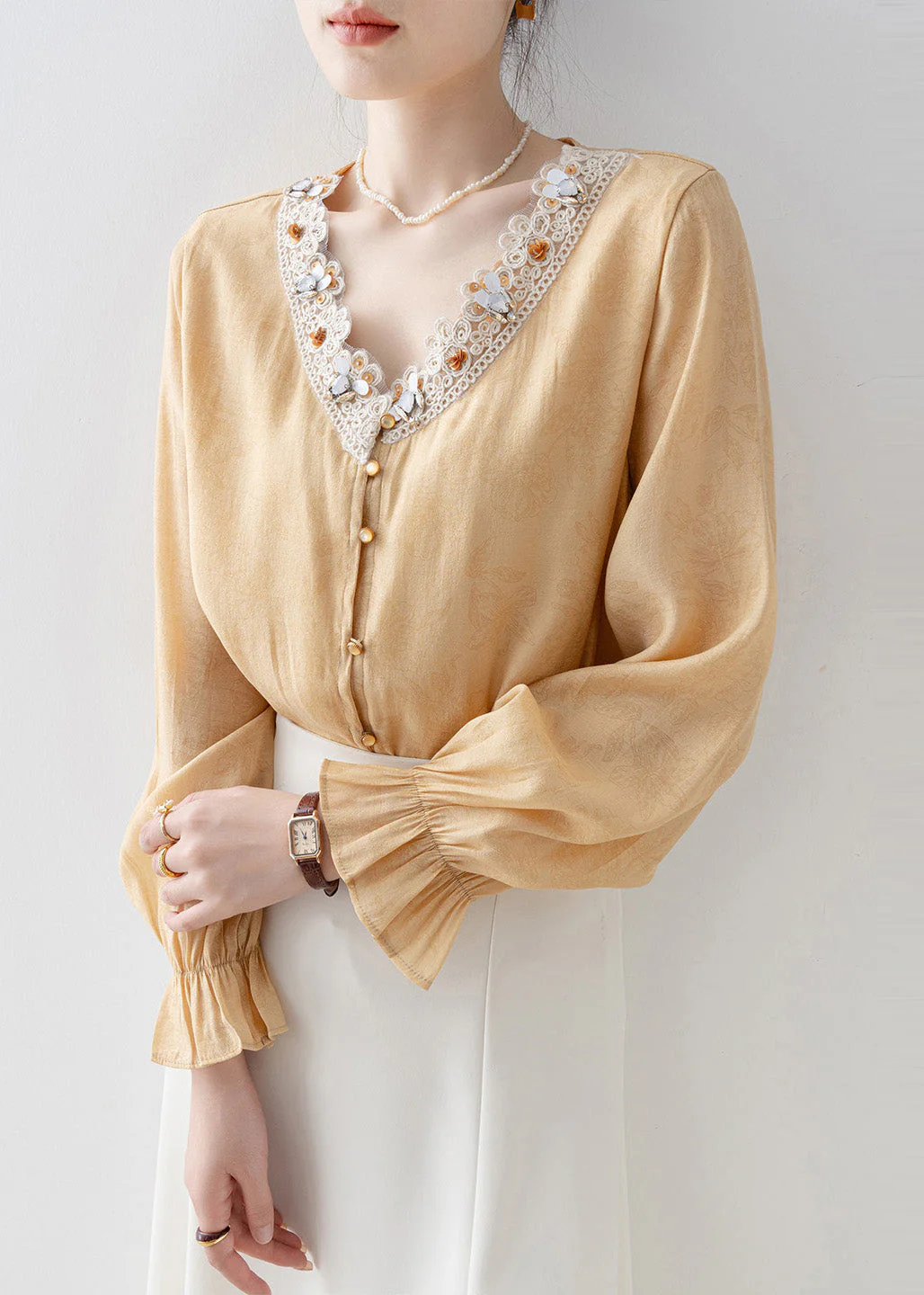 Loose Yellow Embroidered Patchwork Chiffon Blouse Tops Flare Sleeve - Image 3