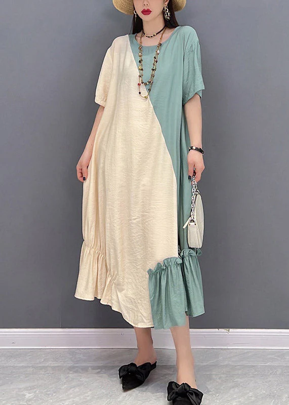 Loose Yellow Green O-Neck Patchwork Ruffled Long Dress Short Sleeve - Image 2