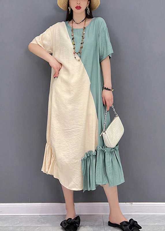 Loose Yellow Green O-Neck Patchwork Ruffled Long Dress Short Sleeve - Image 3