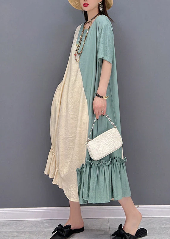 Loose Yellow Green O-Neck Patchwork Ruffled Long Dress Short Sleeve - Image 4