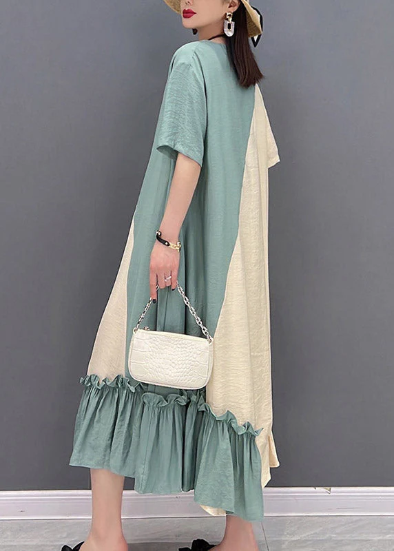 Loose Yellow Green O-Neck Patchwork Ruffled Long Dress Short Sleeve - Image 5