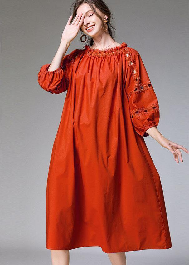 Loose Yellow Hollow Out Embroideried Fall Cotton Half Sleeve Dress - Image 2