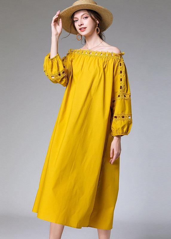 Loose Yellow Hollow Out Embroideried Fall Cotton Half Sleeve Dress - Image 3