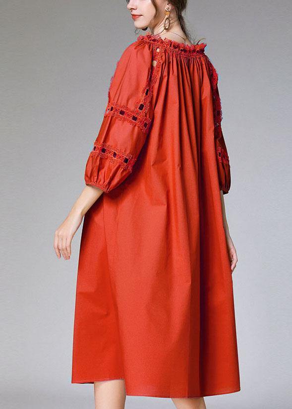 Loose Yellow Hollow Out Embroideried Fall Cotton Half Sleeve Dress - Image 4