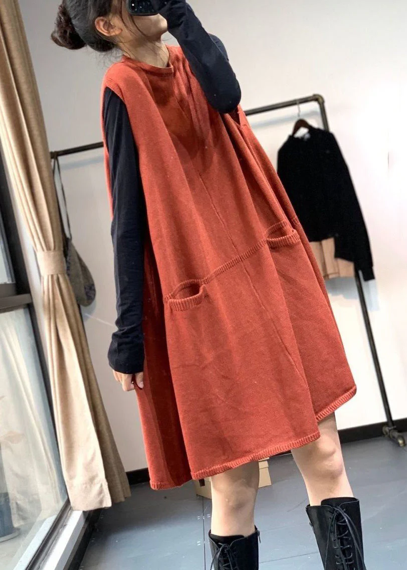 Loose Yellow O Neck Pockets Knitting Cotton Mid Dress Sleeveless - Image 2