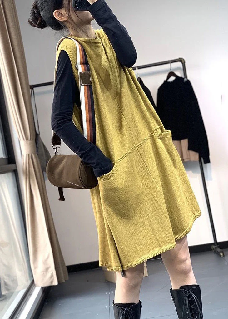 Loose Yellow O Neck Pockets Knitting Cotton Mid Dress Sleeveless - Image 3