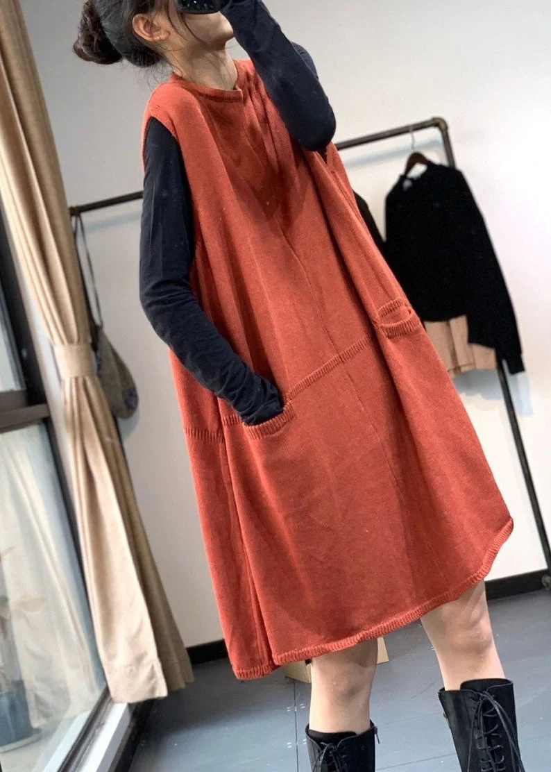 Loose Yellow O Neck Pockets Knitting Cotton Mid Dress Sleeveless - Image 4