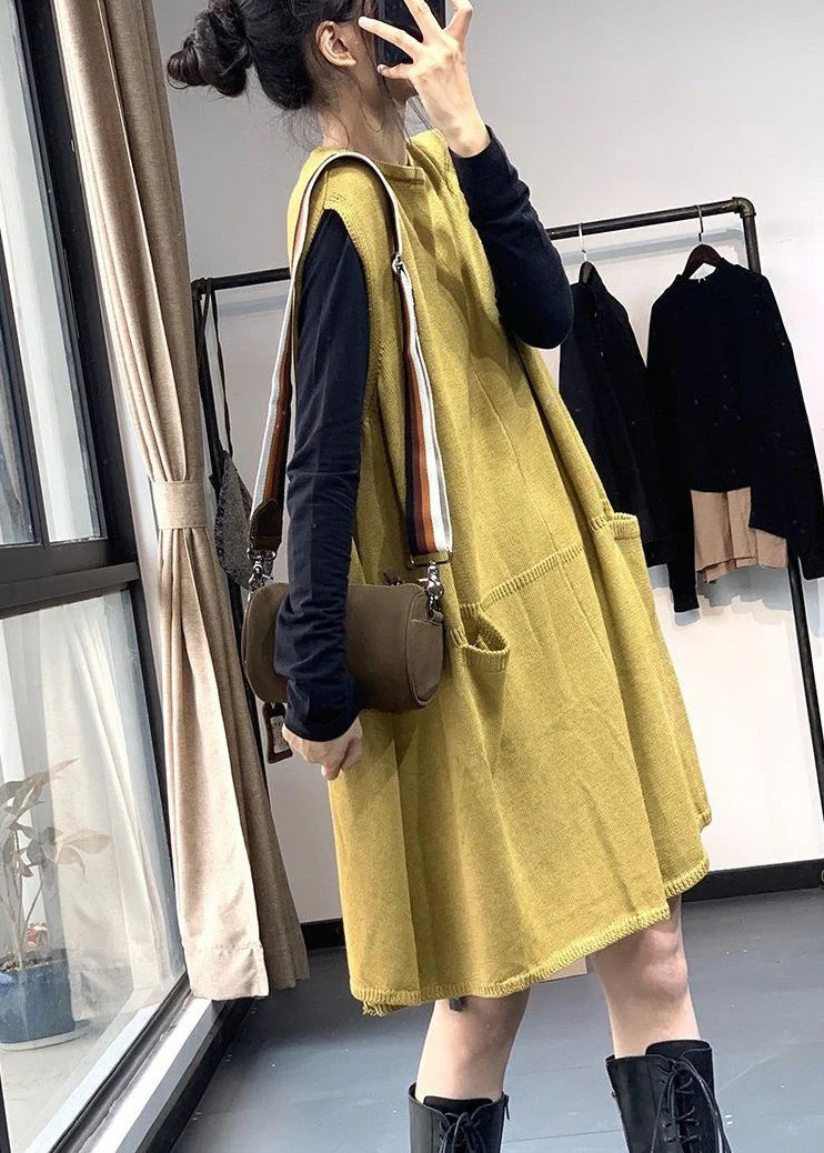 Loose Yellow O Neck Pockets Knitting Cotton Mid Dress Sleeveless - Image 5