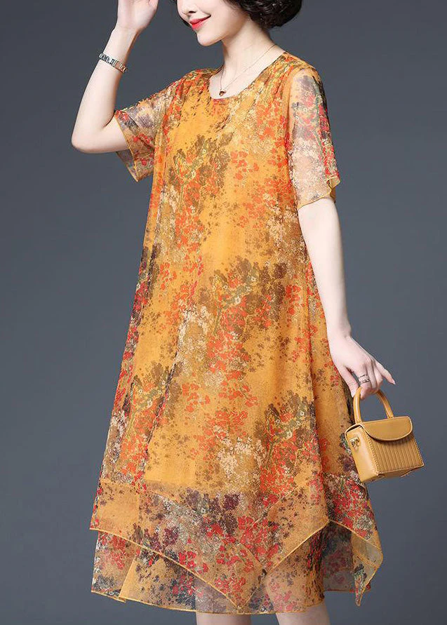 Loose Yellow O-Neck Print Asymmetrical Tulle Maxi Dresses Short Sleeve - Image 3