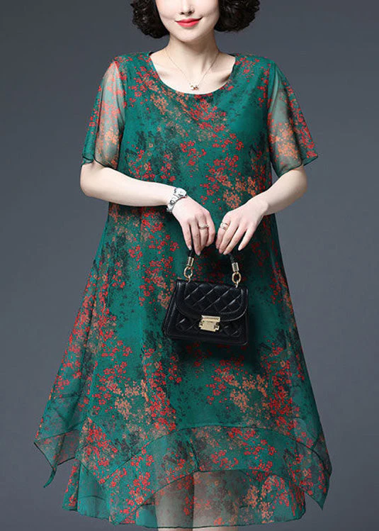 Loose Yellow O-Neck Print Asymmetrical Tulle Maxi Dresses Short Sleeve - Image 4
