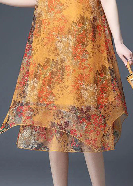 Loose Yellow O-Neck Print Asymmetrical Tulle Maxi Dresses Short Sleeve - Image 5