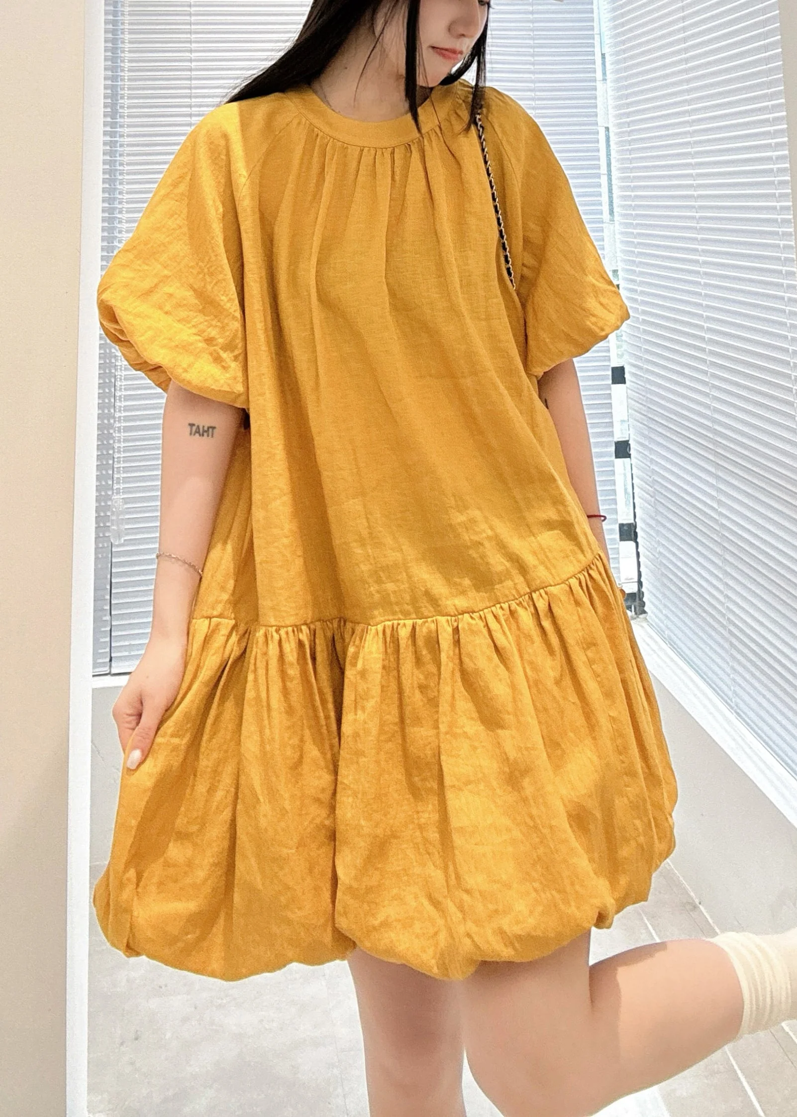 Loose Yellow O Neck Wrinkled Linen Mid Dress Summer - Image 2