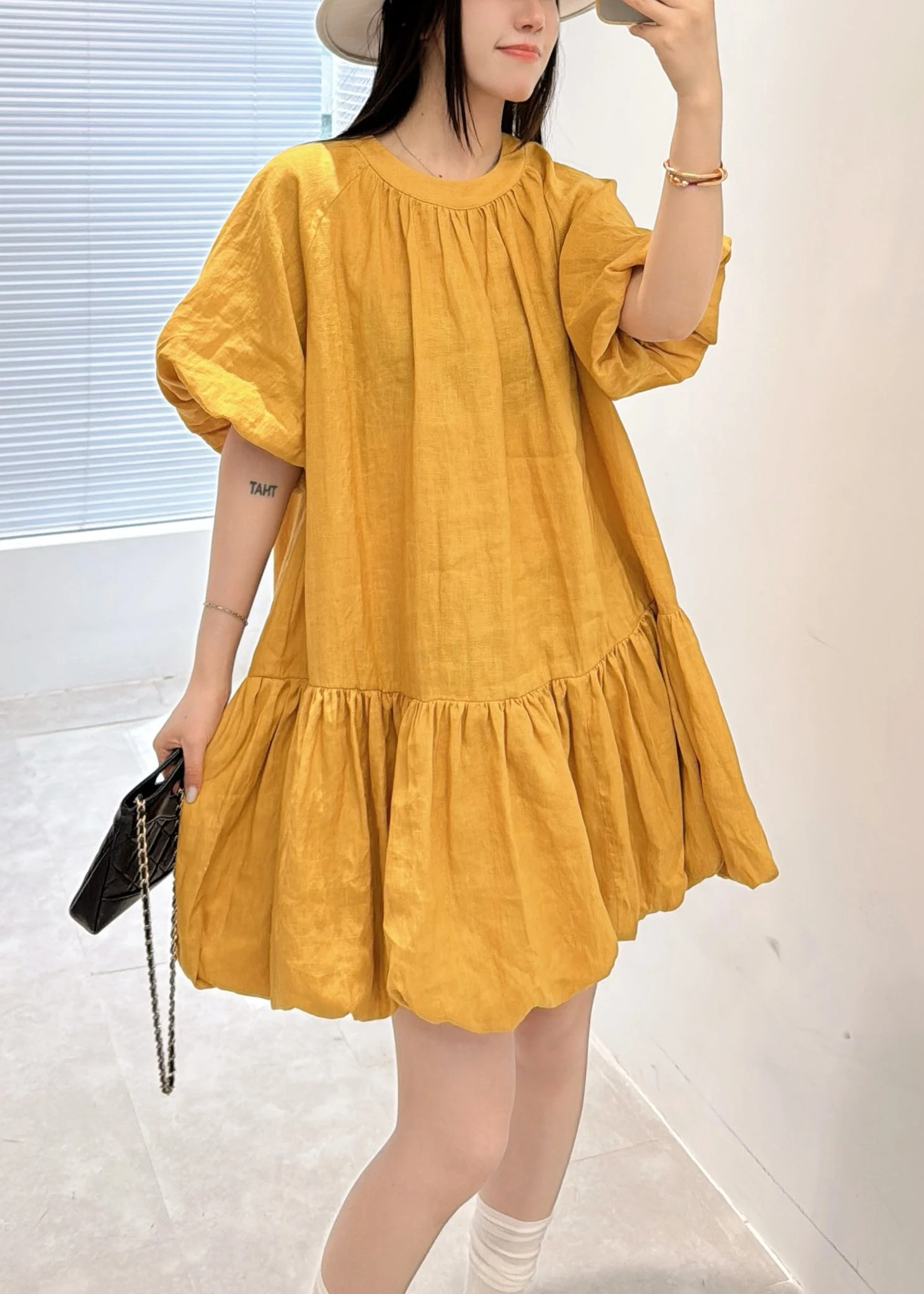 Loose Yellow O Neck Wrinkled Linen Mid Dress Summer - Image 3