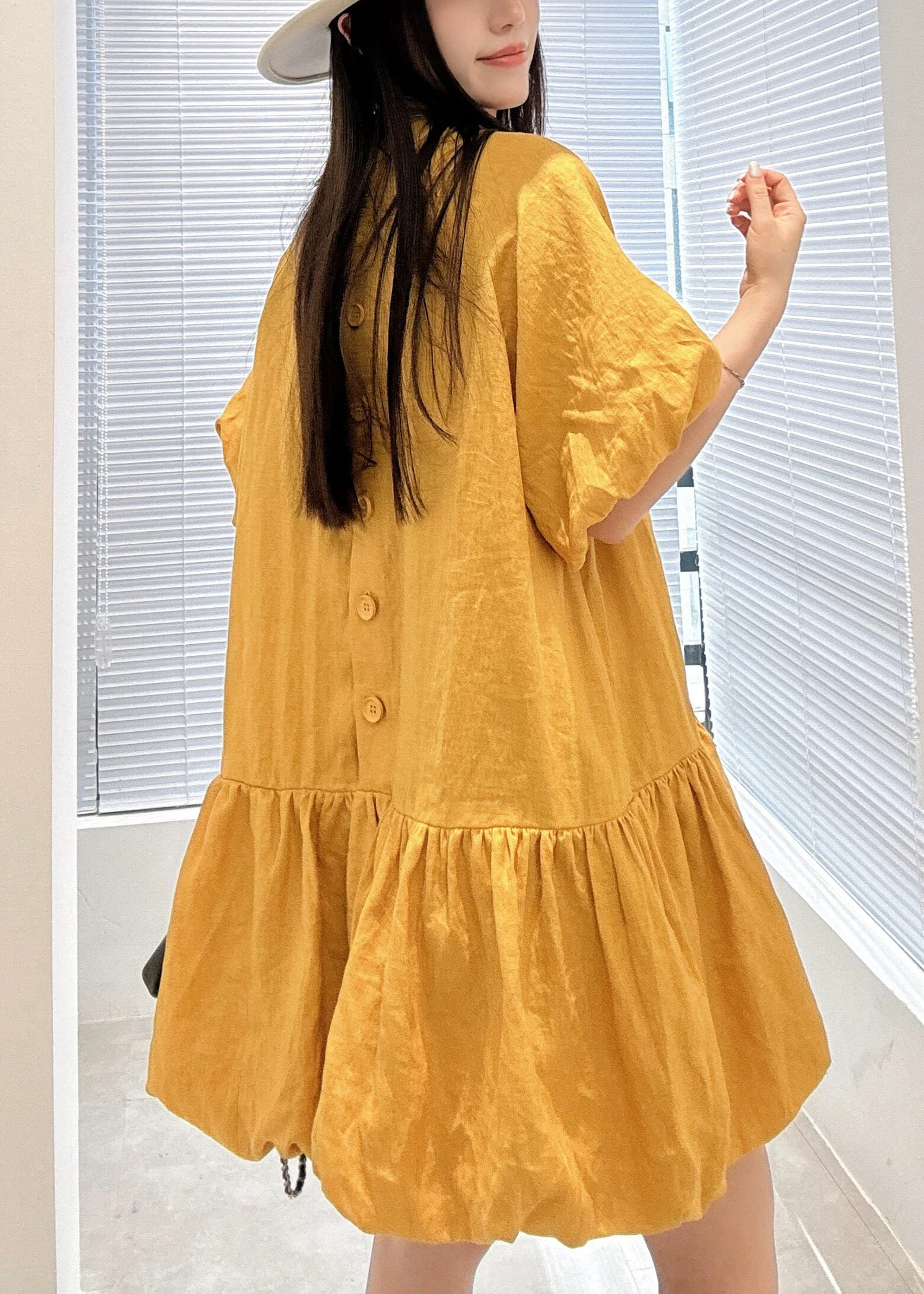 Loose Yellow O Neck Wrinkled Linen Mid Dress Summer - Image 4