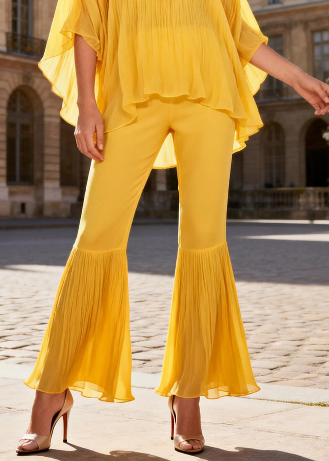 Loose Yellow O Neck Wrinkled Two Pieces Set Bracelet Sleeve - Image 4