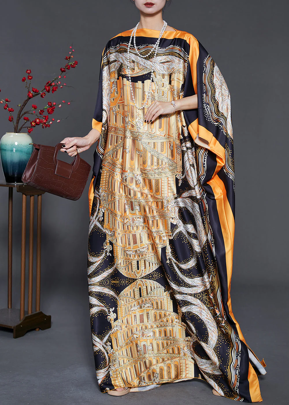 Loose Yellow Oversized Print Silk Beach Dress Batwing Sleeve - Image 2