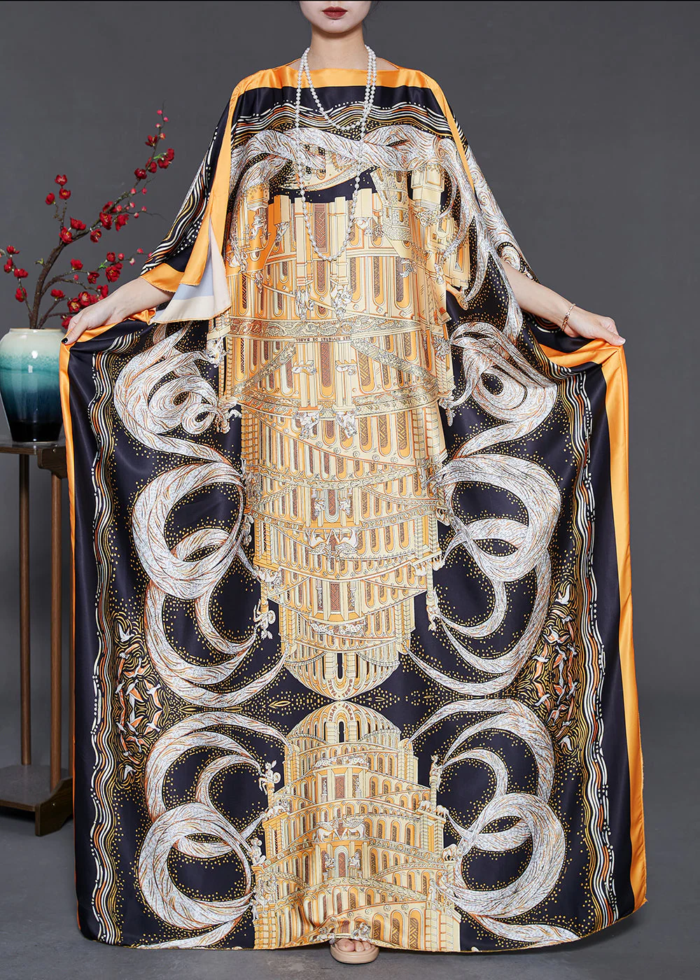 Loose Yellow Oversized Print Silk Beach Dress Batwing Sleeve - Image 3