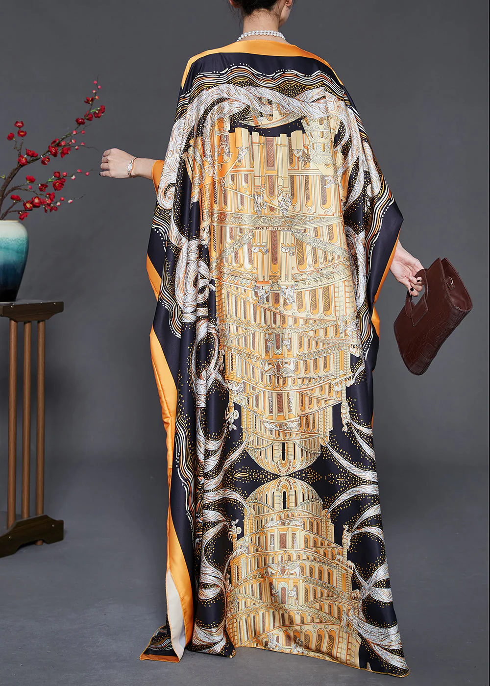 Loose Yellow Oversized Print Silk Beach Dress Batwing Sleeve - Image 4