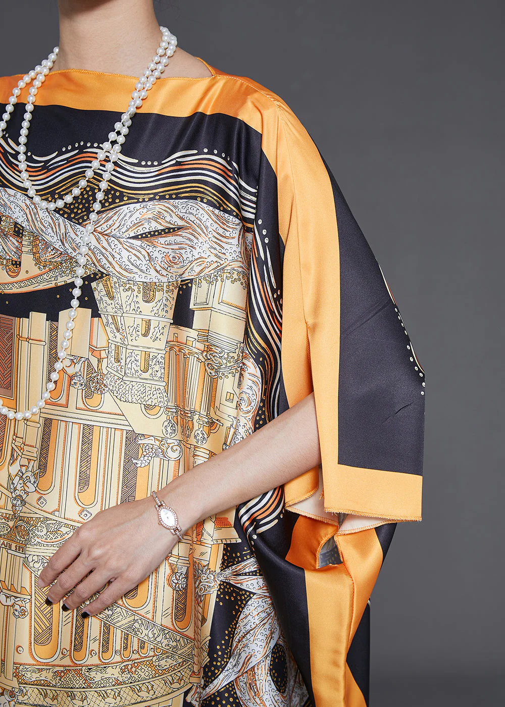 Loose Yellow Oversized Print Silk Beach Dress Batwing Sleeve - Image 5