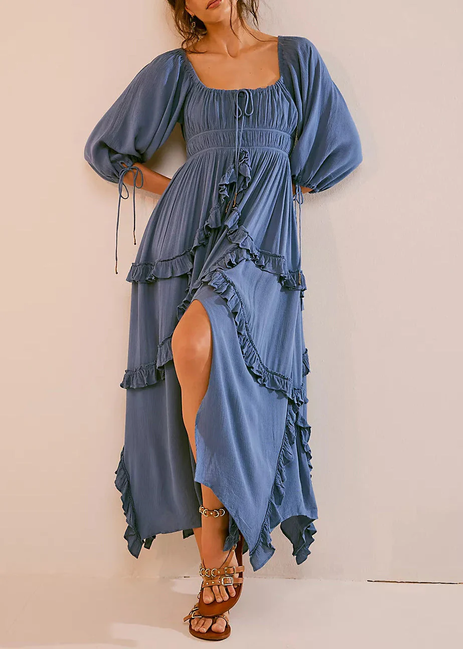 Loose Yellow Ruffled Lace Up Cotton Dresses Bracelet Sleeve - Image 2