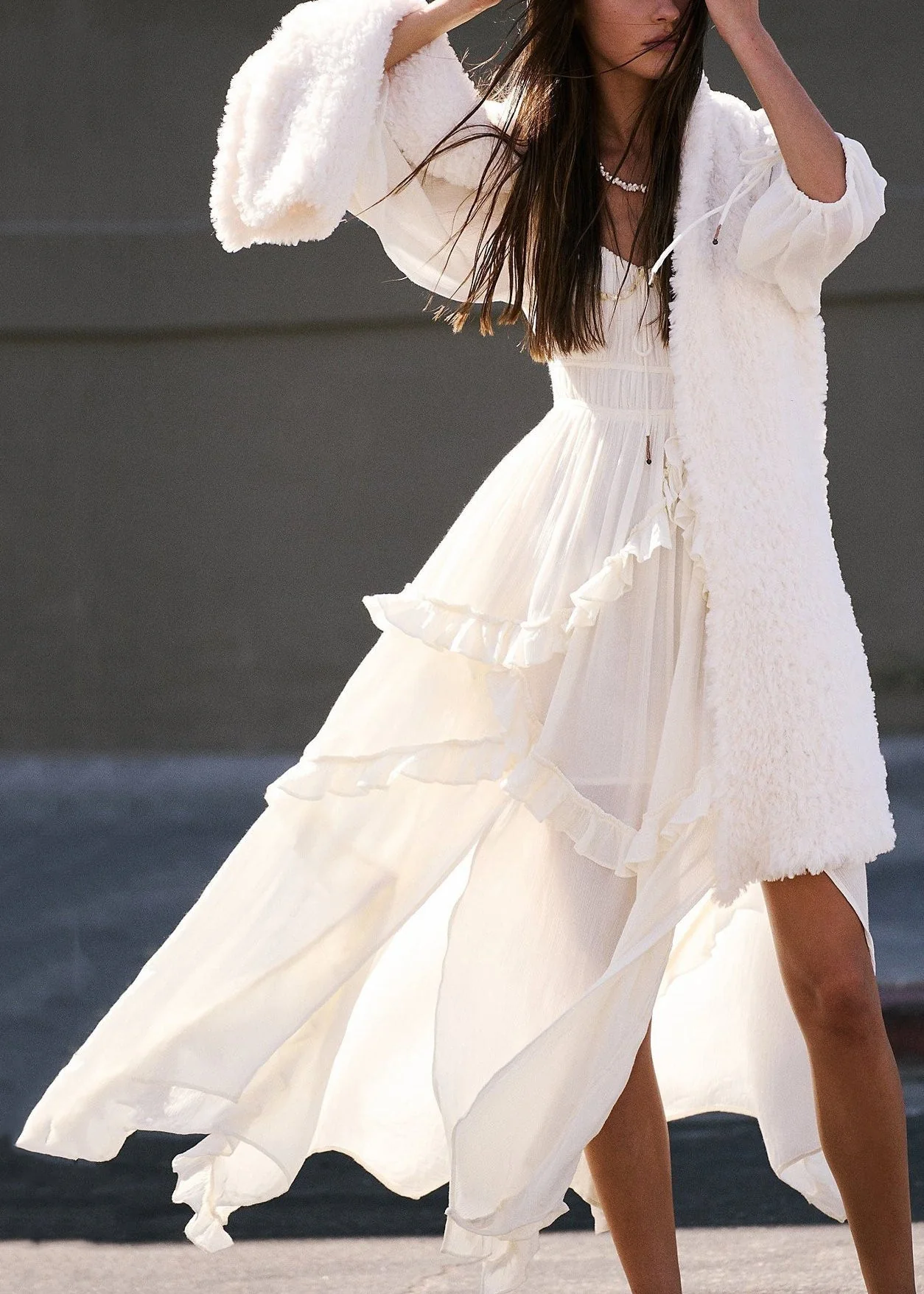 Loose Yellow Ruffled Lace Up Cotton Dresses Bracelet Sleeve - Image 4