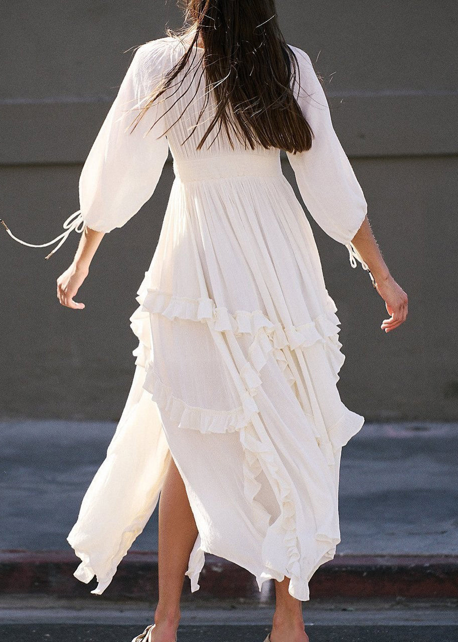 Loose Yellow Ruffled Lace Up Cotton Dresses Bracelet Sleeve - Image 5