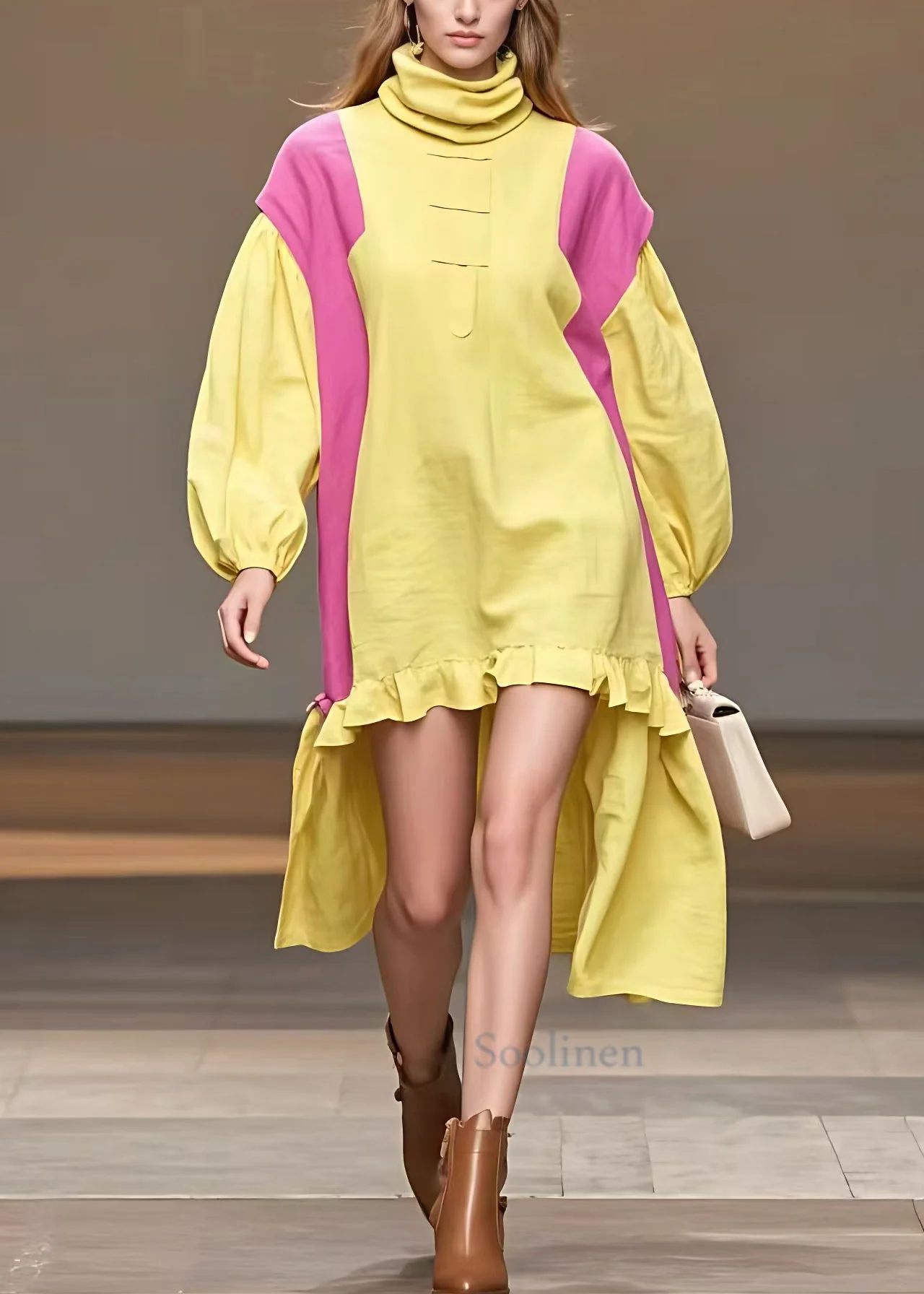 Loose Yellow Turtleneck Low High Design Cotton Dress Fall - Image 2