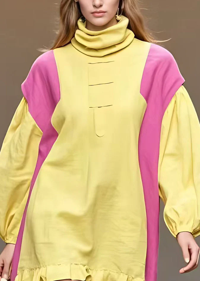 Loose Yellow Turtleneck Low High Design Cotton Dress Fall - Image 3