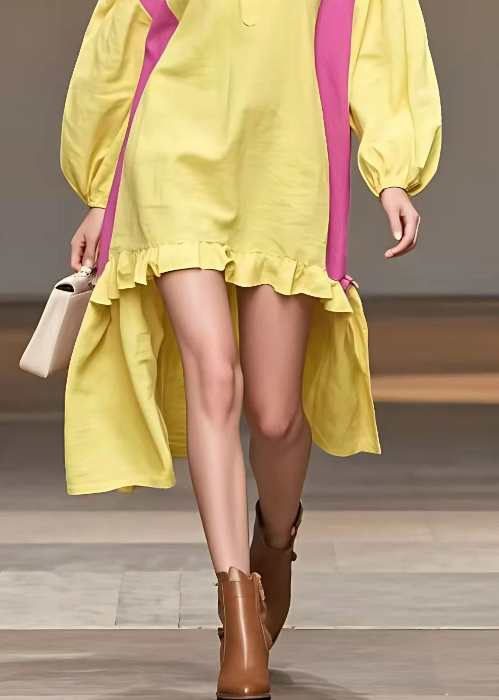 Loose Yellow Turtleneck Low High Design Cotton Dress Fall - Image 4
