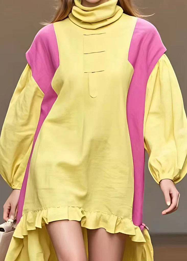 Loose Yellow Turtleneck Low High Design Cotton Dress Fall - Image 5