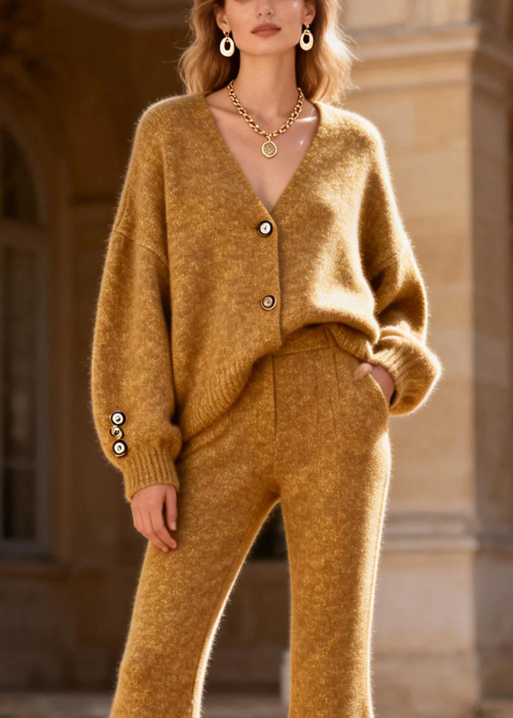 Loose Yellow V Neck Cotton Knit Cardigans And Flared Trousers Two Pieces Set Spring - Image 2