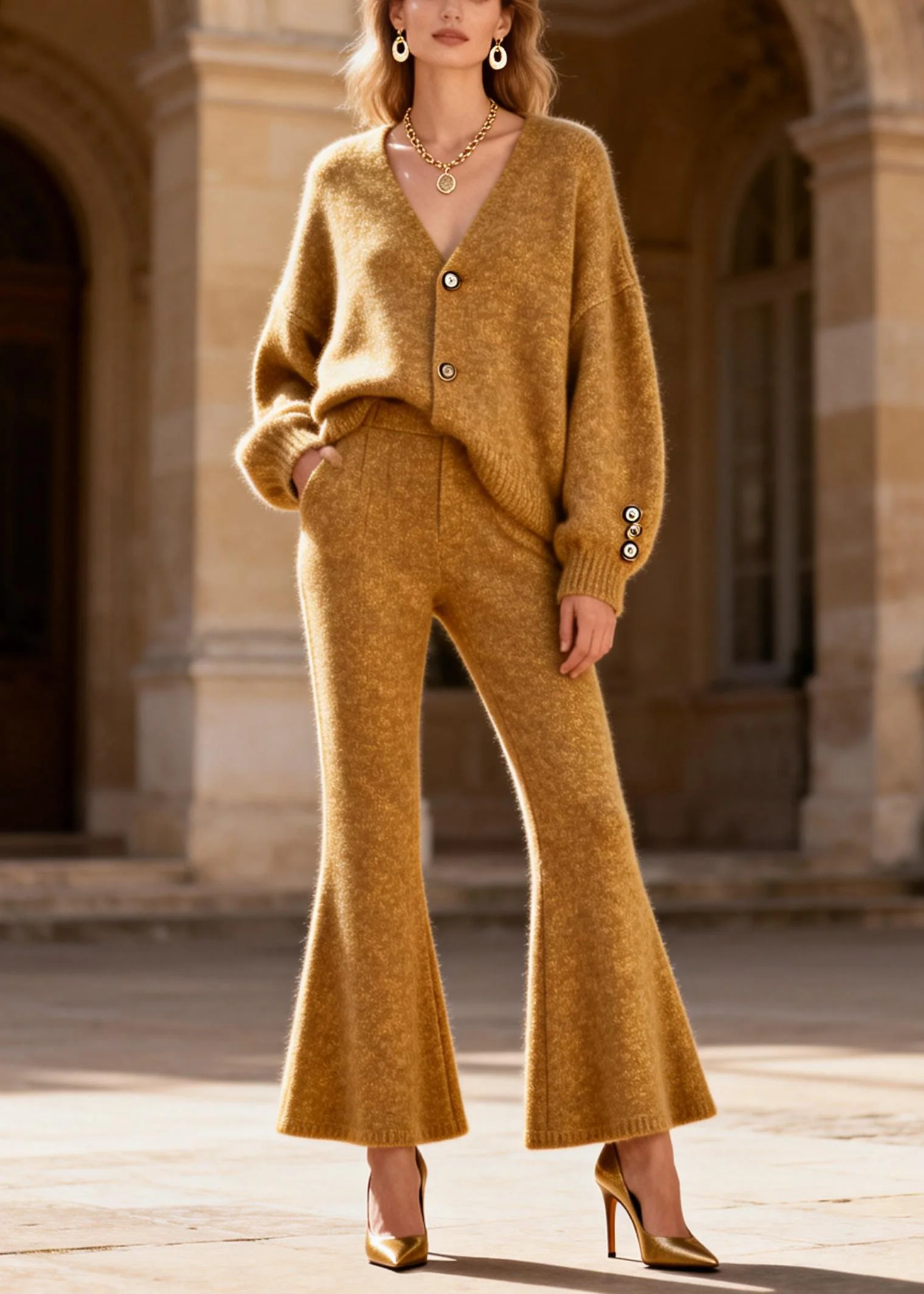 Loose Yellow V Neck Cotton Knit Cardigans And Flared Trousers Two Pieces Set Spring - Image 3