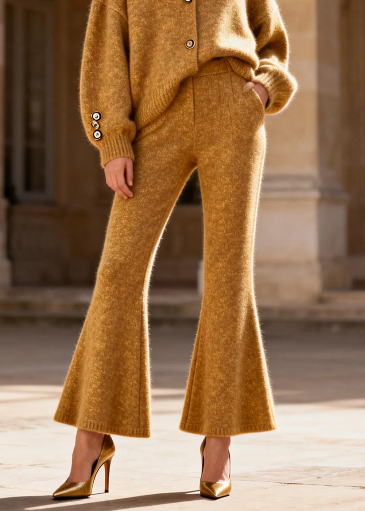 Loose Yellow V Neck Cotton Knit Cardigans And Flared Trousers Two Pieces Set Spring - Image 4