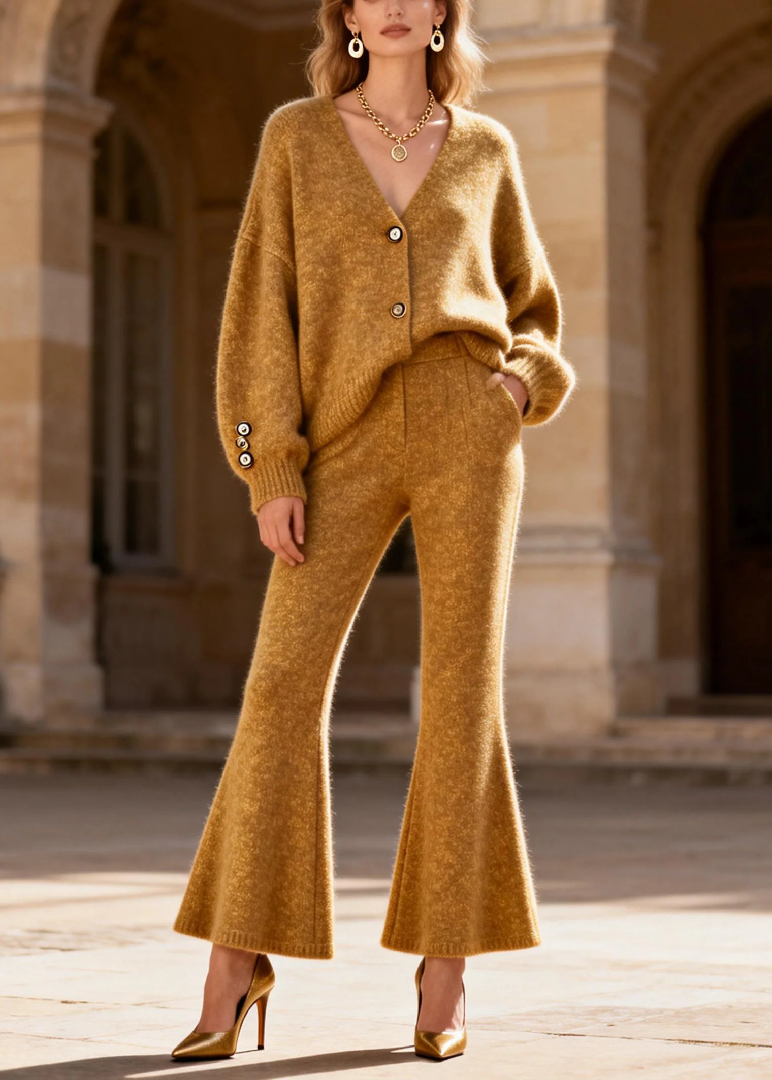 Loose Yellow V Neck Cotton Knit Cardigans And Flared Trousers Two Pieces Set Spring - Image 5