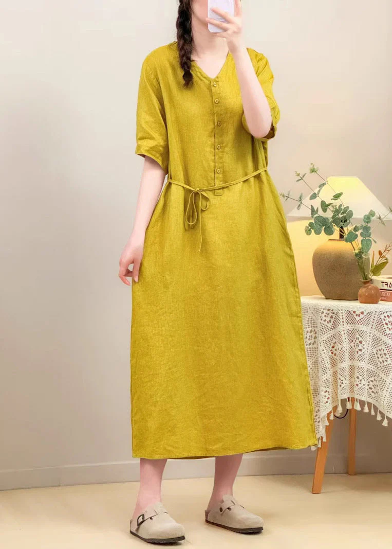 Loose Yellow V Neck Pockets Tie Waist Linen Long Dresses Summer - Image 3