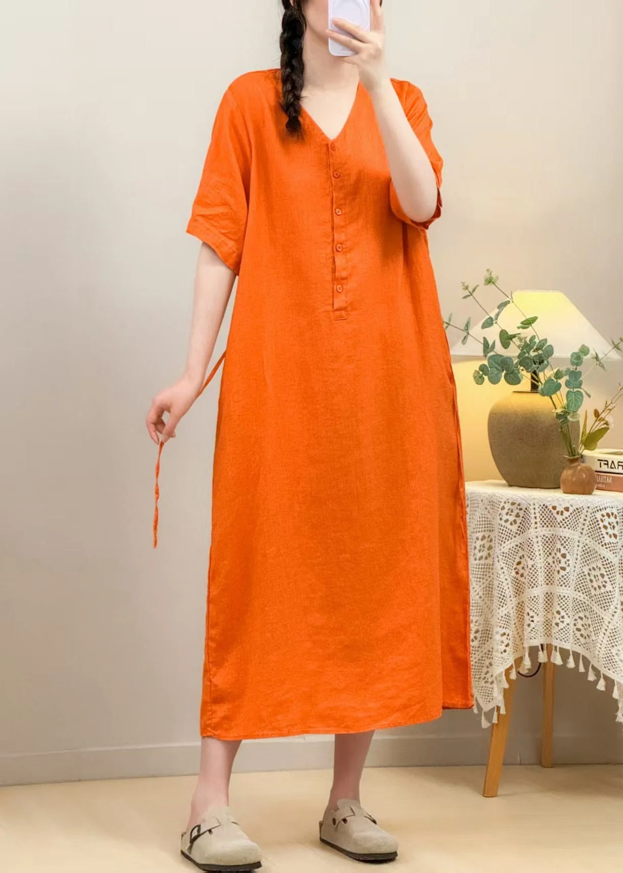 Loose Yellow V Neck Pockets Tie Waist Linen Long Dresses Summer - Image 4