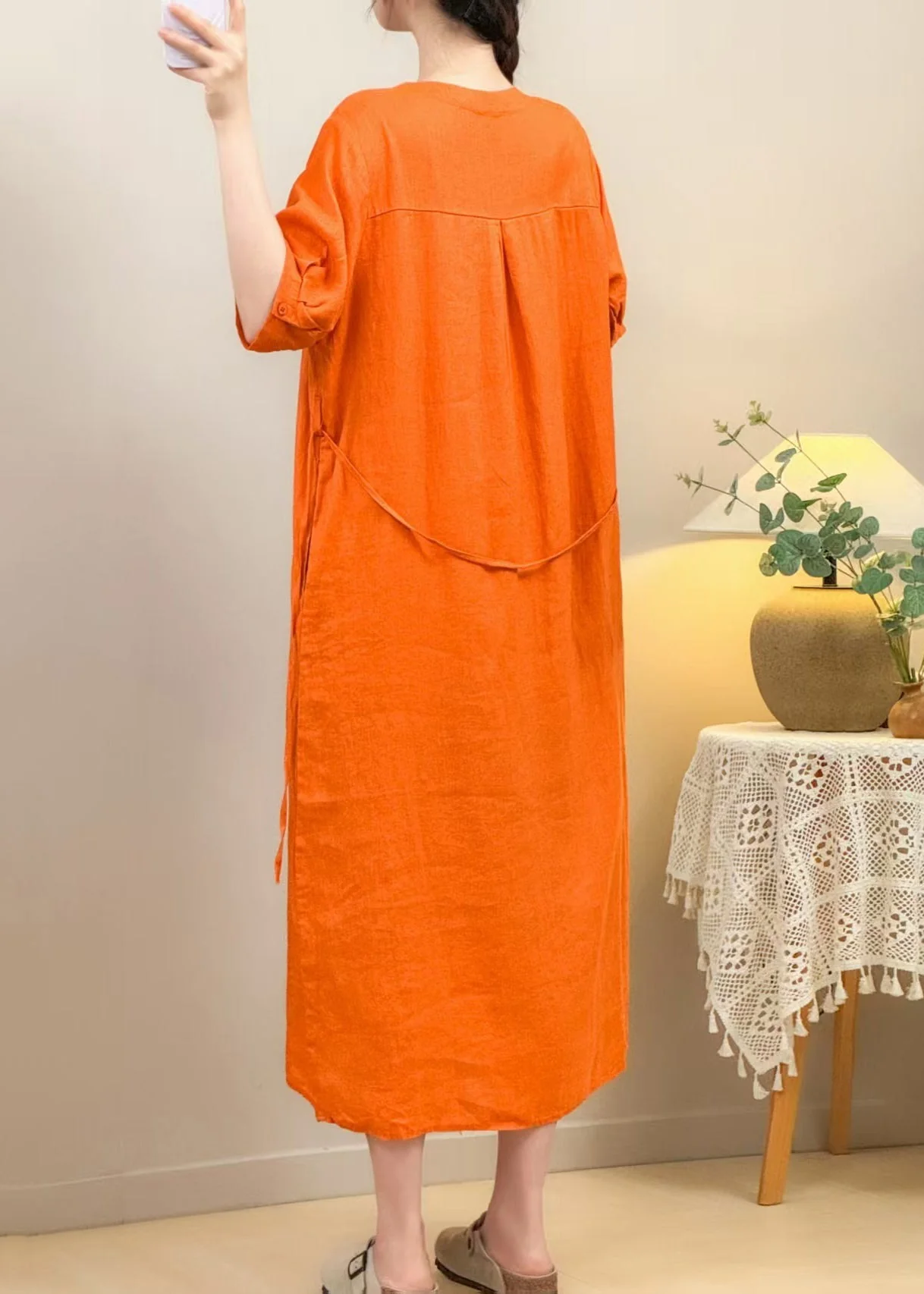 Loose Yellow V Neck Pockets Tie Waist Linen Long Dresses Summer - Image 5