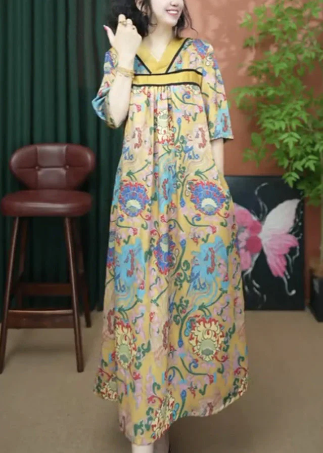 Loose Yellow V Neck Print Cotton Long Dresses Summer