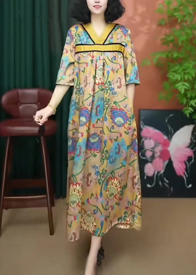Loose Yellow V Neck Print Cotton Long Dresses Summer - Image 3