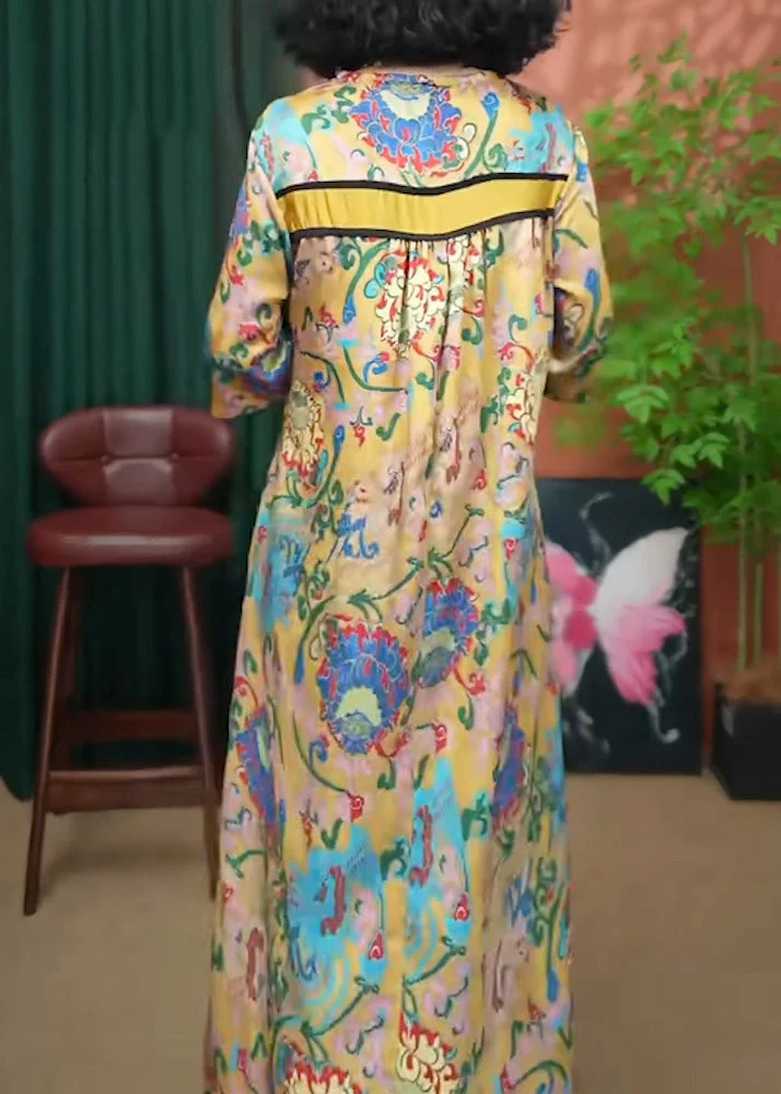 Loose Yellow V Neck Print Cotton Long Dresses Summer - Image 5