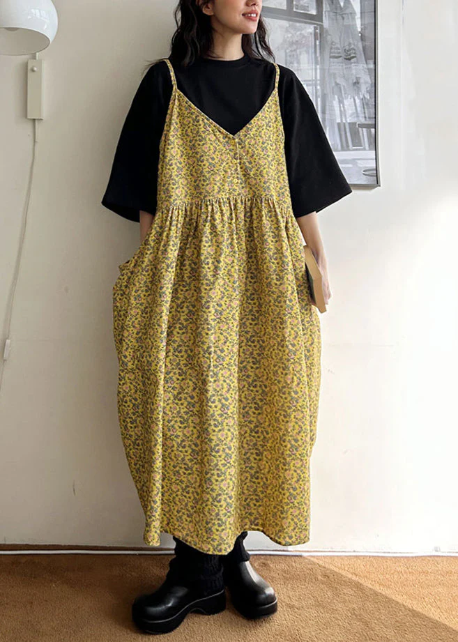 Loose Yellow V Neck Print Pockets Cotton Spaghetti Strap Dresses Sleeveless - Image 2