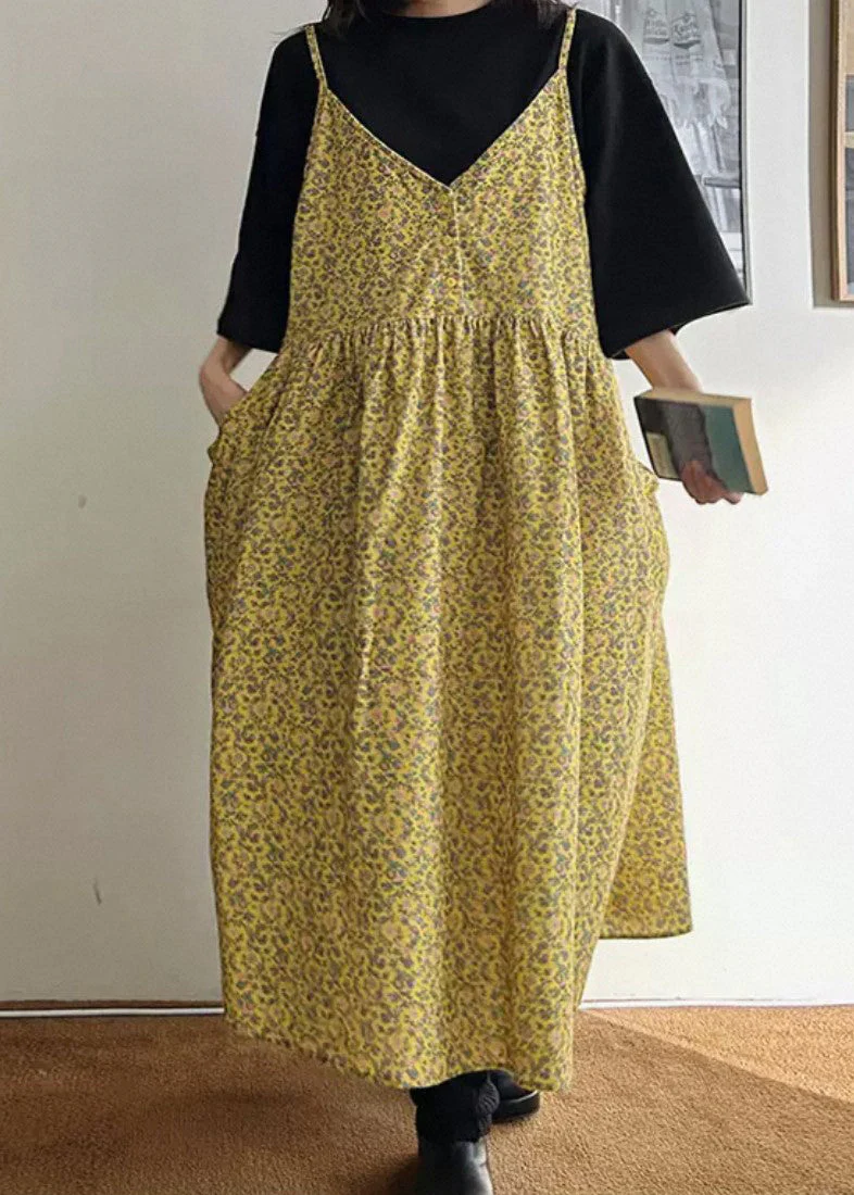 Loose Yellow V Neck Print Pockets Cotton Spaghetti Strap Dresses Sleeveless - Image 3