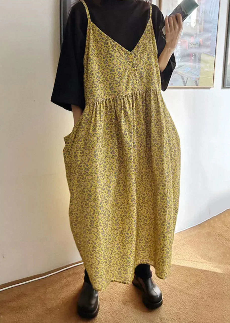 Loose Yellow V Neck Print Pockets Cotton Spaghetti Strap Dresses Sleeveless - Image 4
